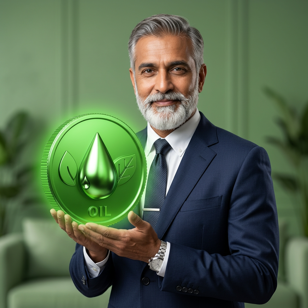Investor proudly holding an Oil Coin